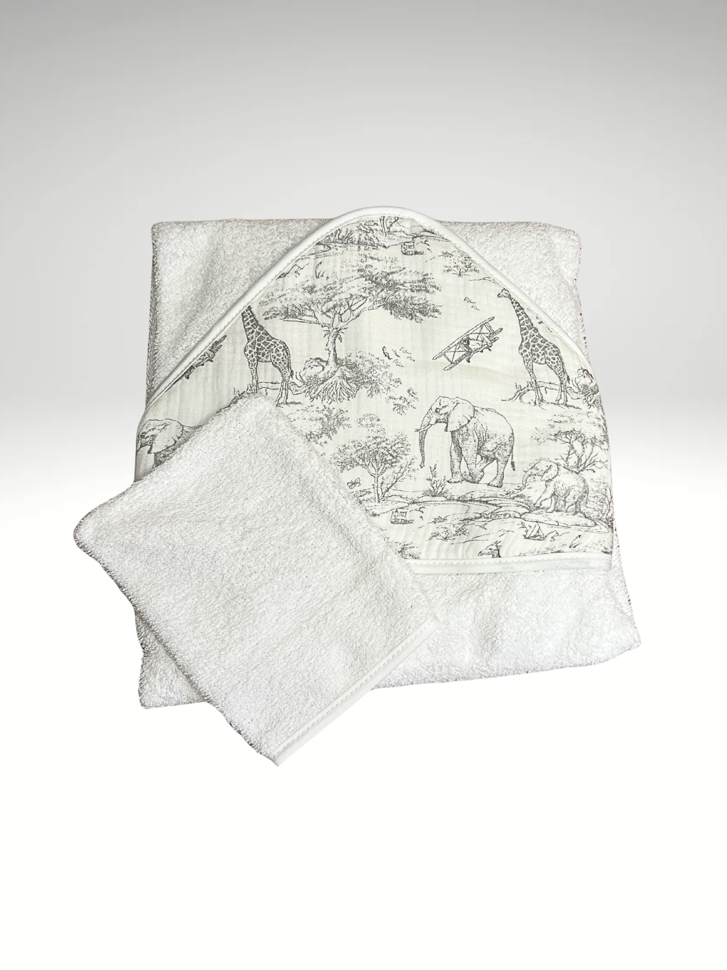 cape de bain + gant de toilette SAFARI en gaze de coton