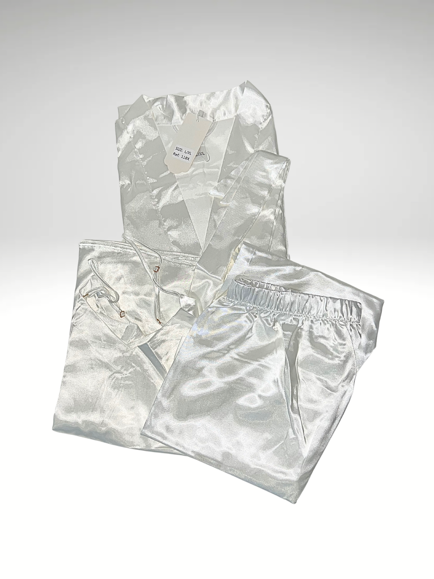 Pyjama satin 3 pièces peignoir, nuisette, pantalon blanc (118)