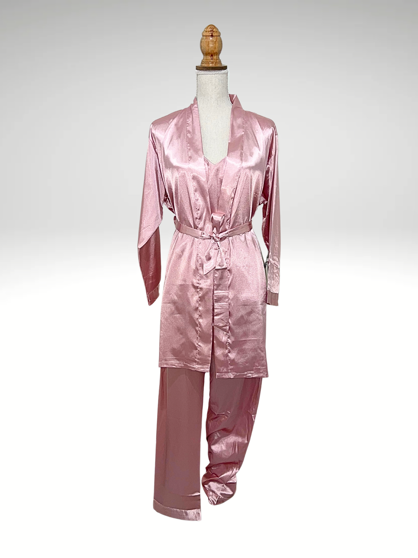 Pyjama satin 3 pièces peignoir, nuisette, pantalon vieux rose (118)