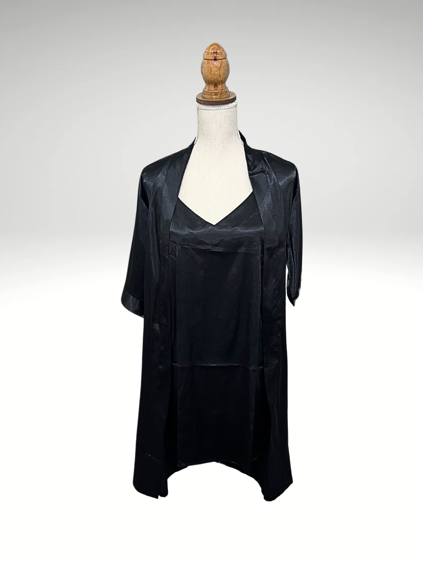 Pyjama satin 2 pièces peignoir, nuisette noir (23)
