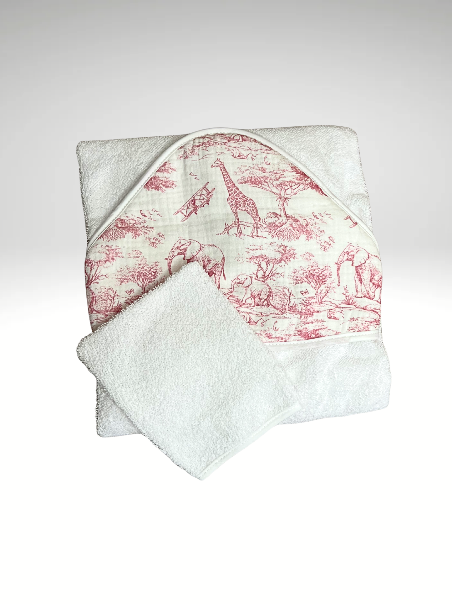 cape de bain + gant de toilette SAFARI en gaze de coton