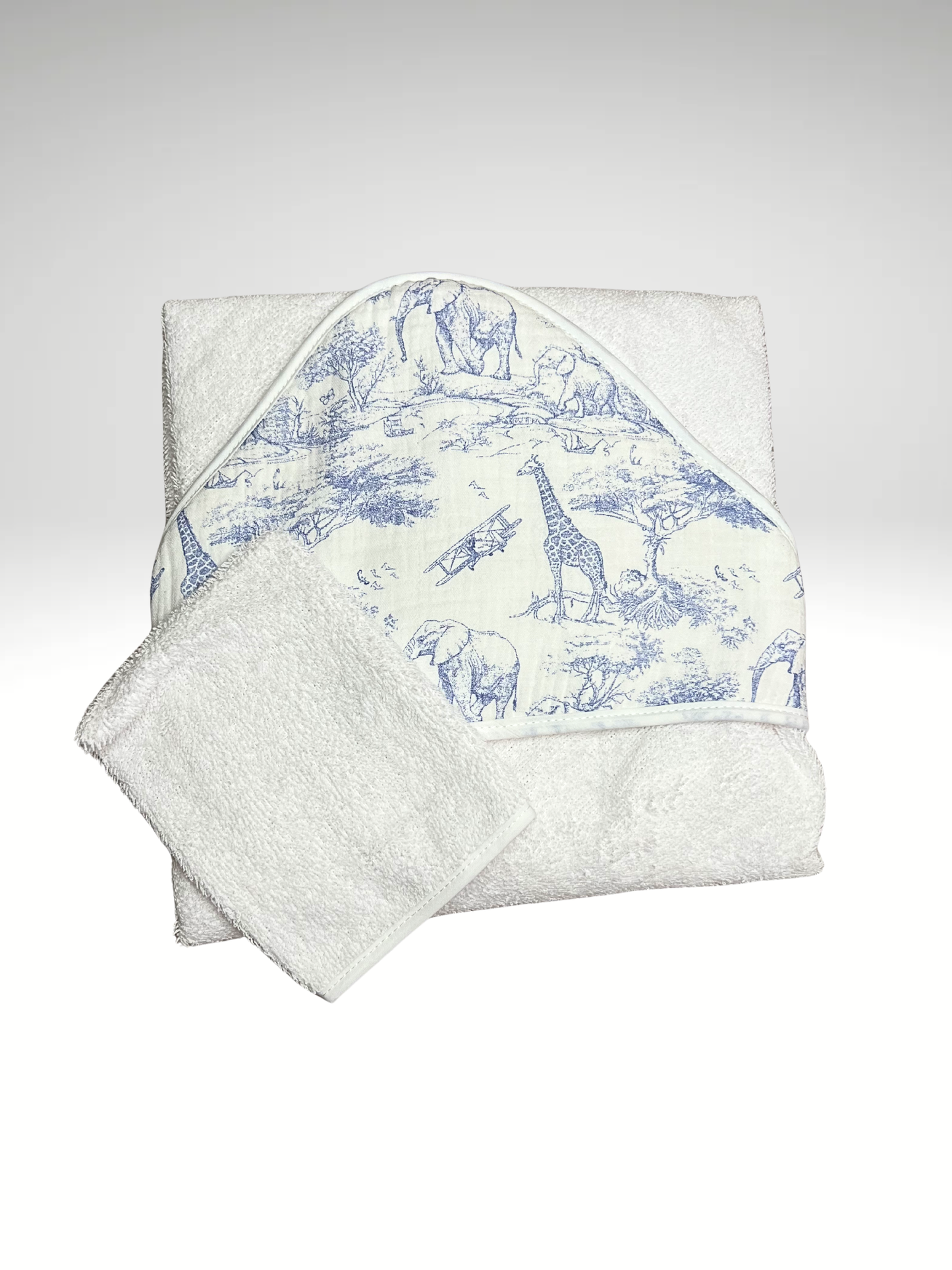 cape de bain + gant de toilette SAFARI en gaze de coton