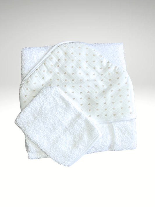 Cape de bain + gant de toillette coeurs en gaze de coton
