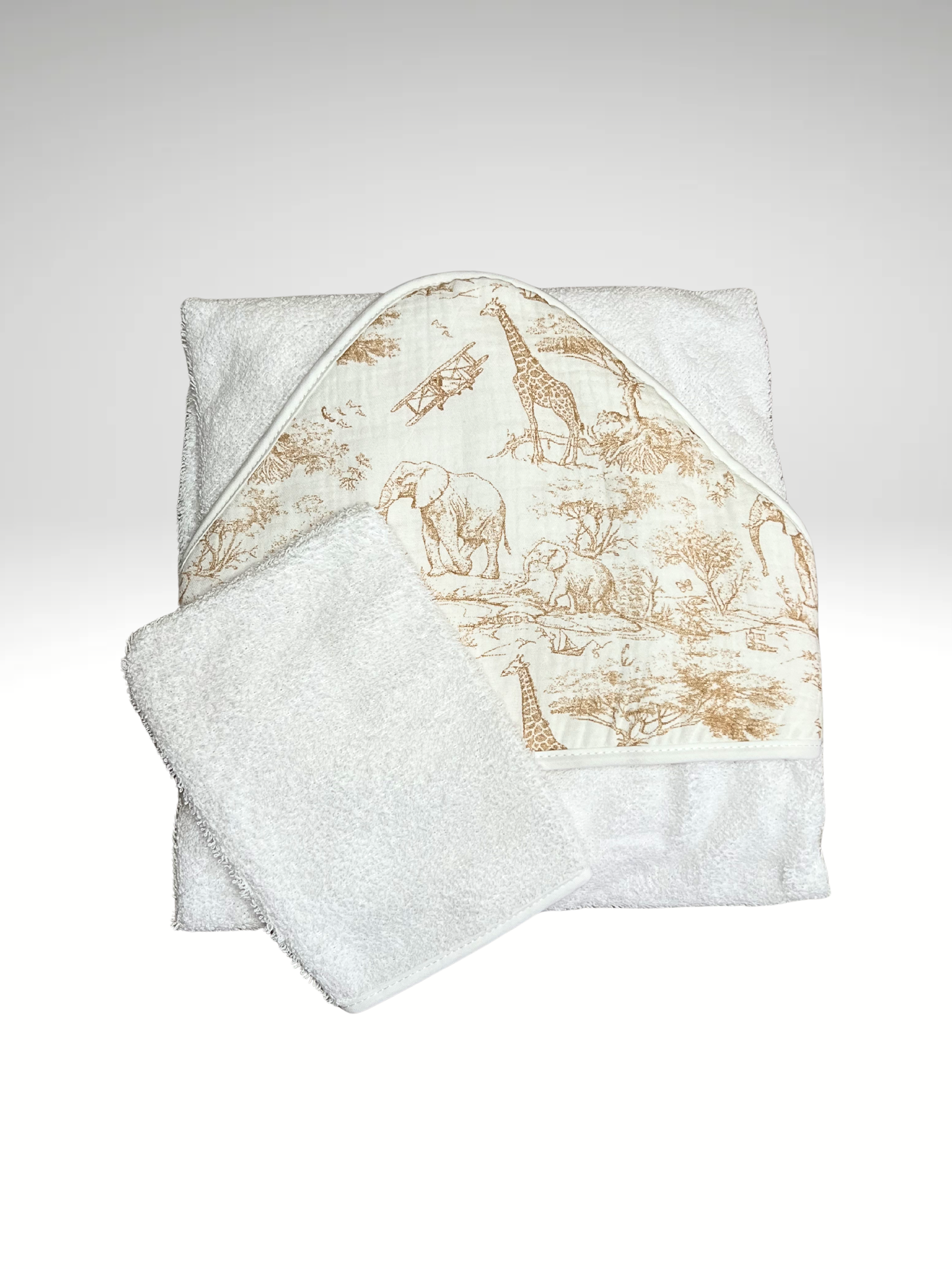 cape de bain + gant de toilette SAFARI en gaze de coton