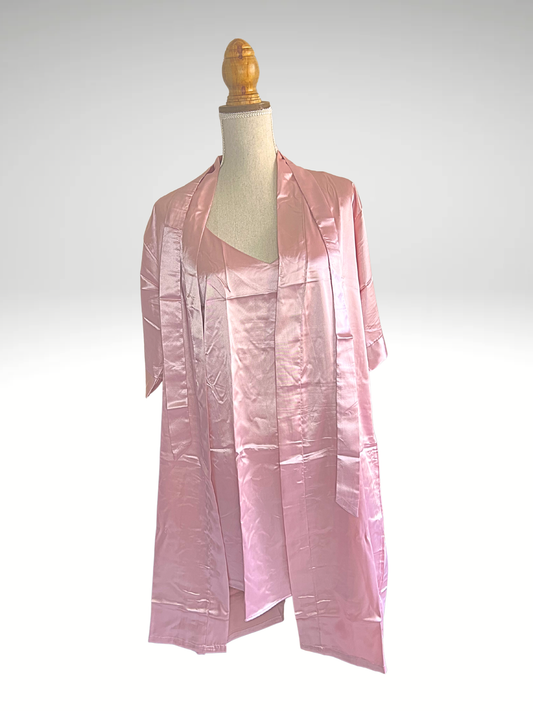 Pyjama satin 2 pièces peignoir, nuisette vieux rose (23)
