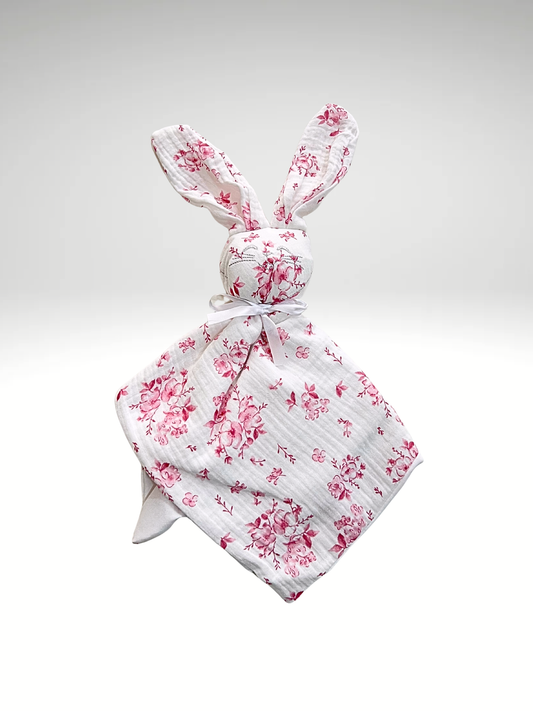 Doudou lapin FLEURI en gaz de coton