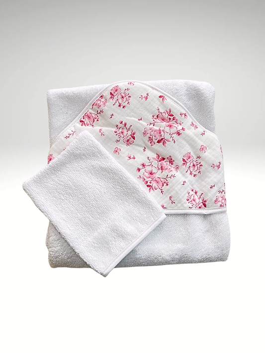 Cape de bain + gant de toilette FLEURI en gaze de coton